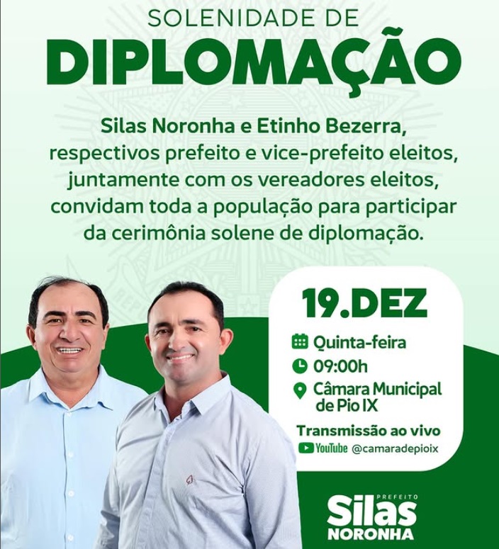  prefeito reeleito Silas Noronha (PSD) e seu vice, Francisco Weverton Arrais Bezerra – Etinho Bezerra (MDB), receberam seus diplomas na manhã desta quinta-feira,